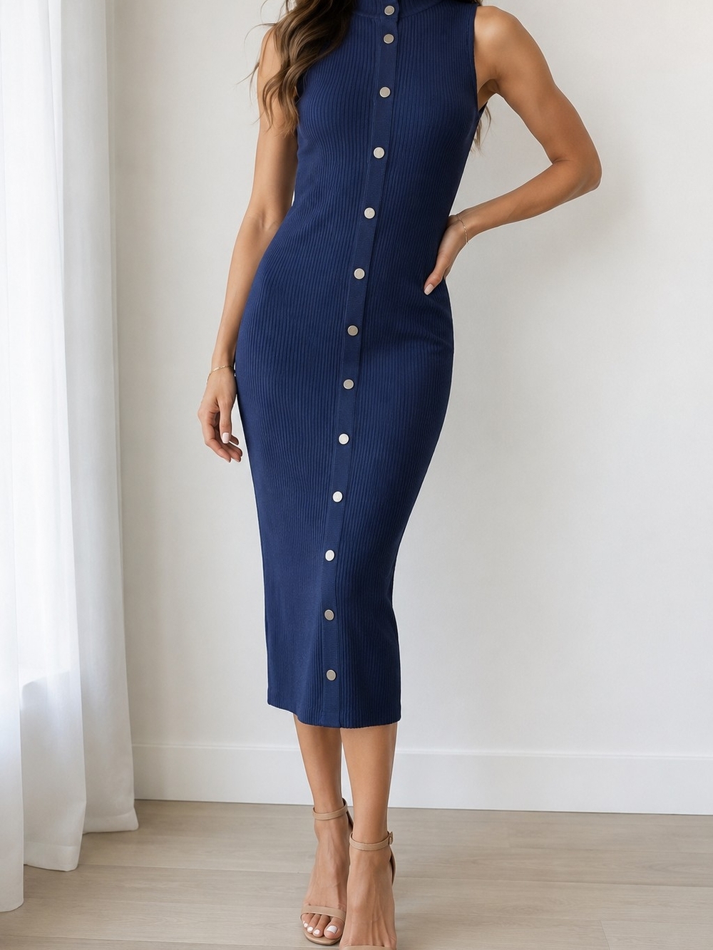 Venus Ribbed Knit Midi Dress Womens M Blue Sleeveless Mock Neck Button Front Bod